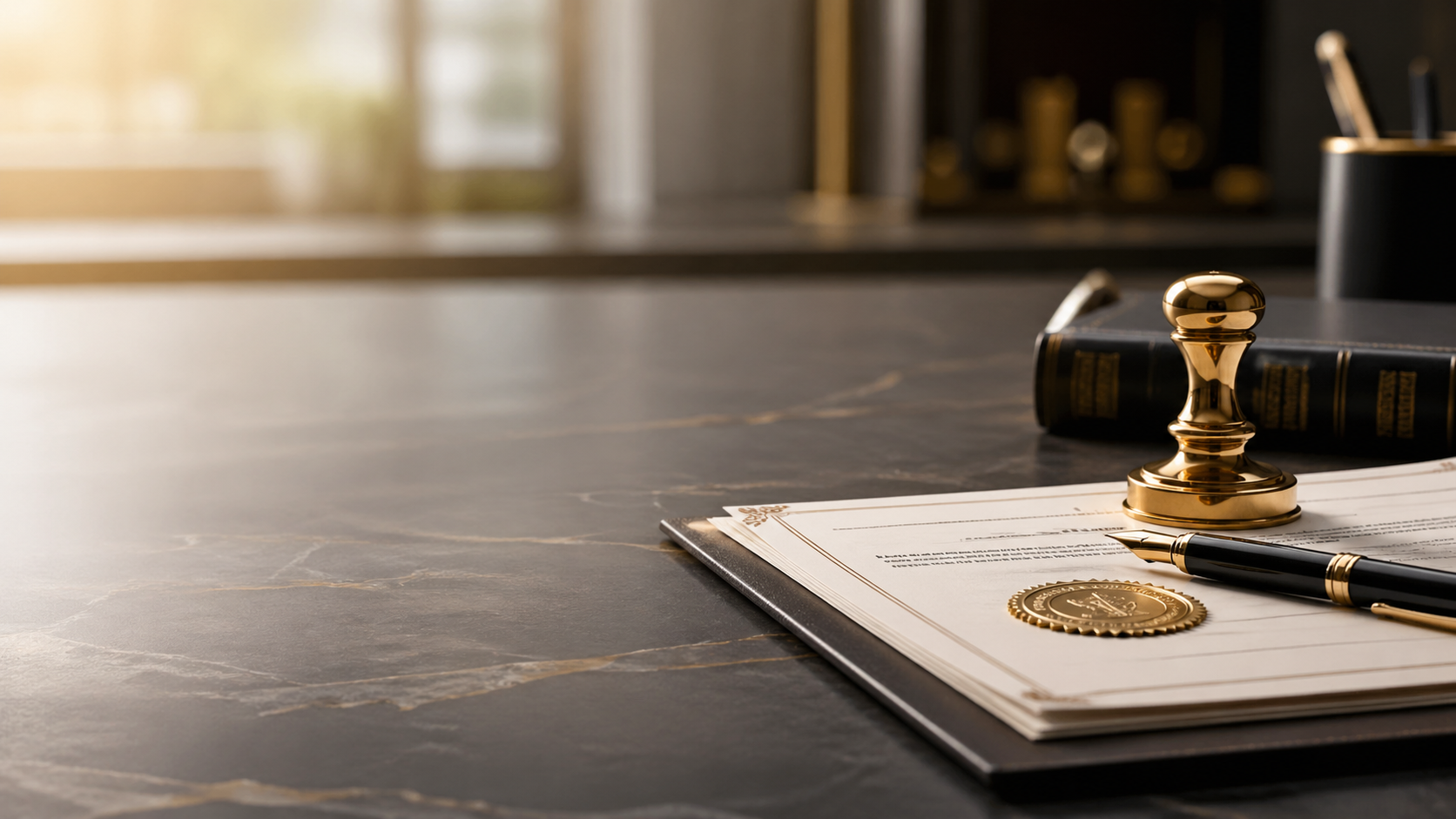 Professional notary documents with seal and pen on desk
